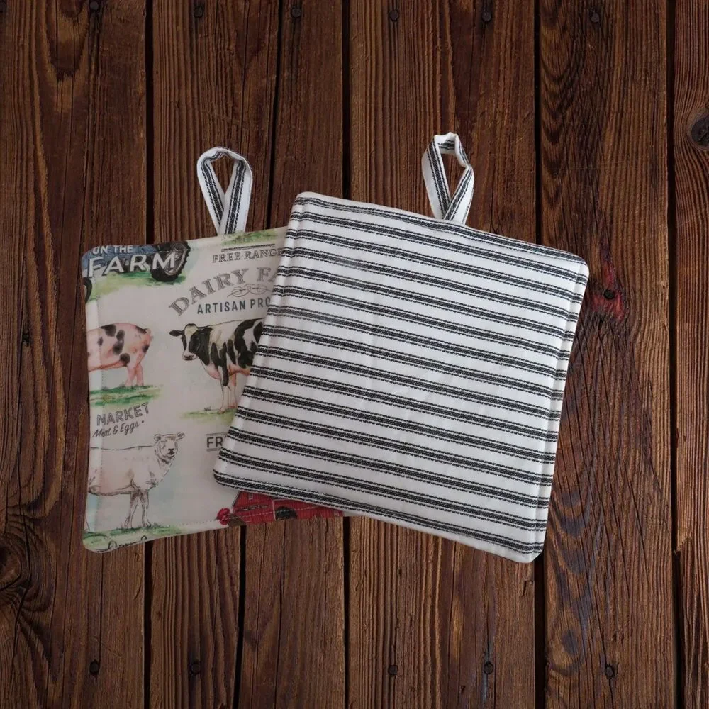 Handmade Potholder, Set of 2, Reversible Farm and White and Black Ticking